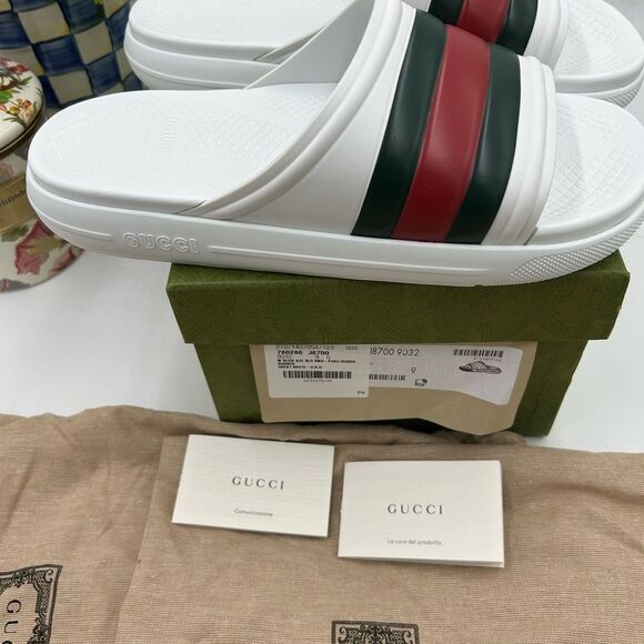 Men's Gucci ace web striped rubber, Pool slides size 9, made in Italy - Picture 2 of 10